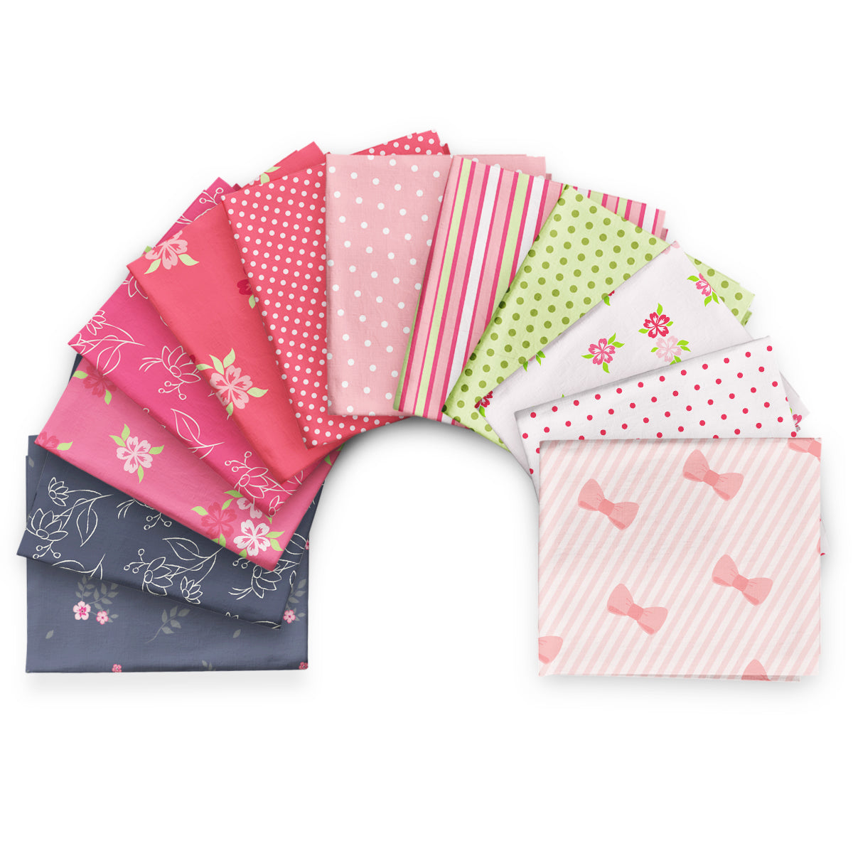 The Sweet Celebration - Fat Quarter Bundle features a semi-circle of folded fabric pieces in pink, green, gray, and white with florals, polka dots, stripes, and bows—ideal for colorful sewing projects.