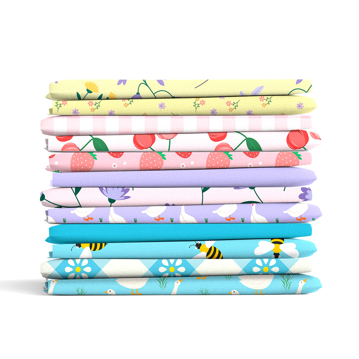 The Farmhouse Memories - Fat Quarter Bundle, featuring a stack of neatly folded colorful fabrics with patterns like flowers, strawberries, birds, and bees, captures rustic simplicity.