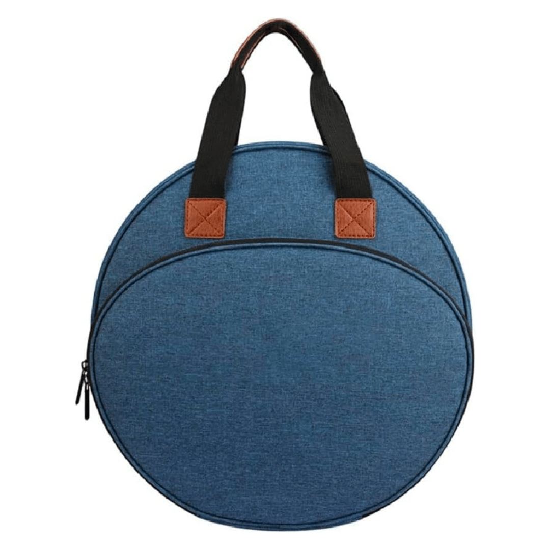 Round blue fabric Embroidery Storage Bag with brown handle accents and a front zipper pocket, perfect for organizing your embroidery essentials.