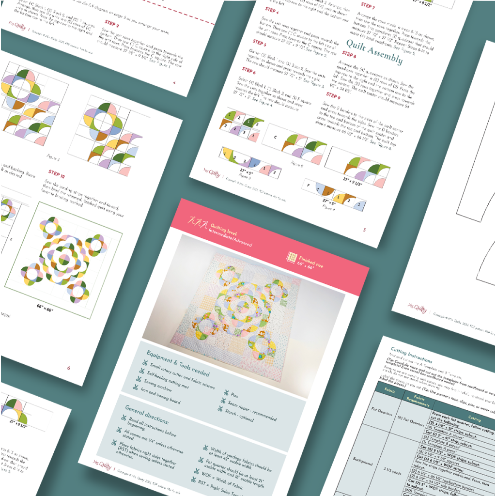 The Floral Quilt Downloadable PDF Quilt Pattern includes printable instructions, diagrams, and templates for Quilted Flower Placemats—ideal for floral table decor and trying new quilting techniques.