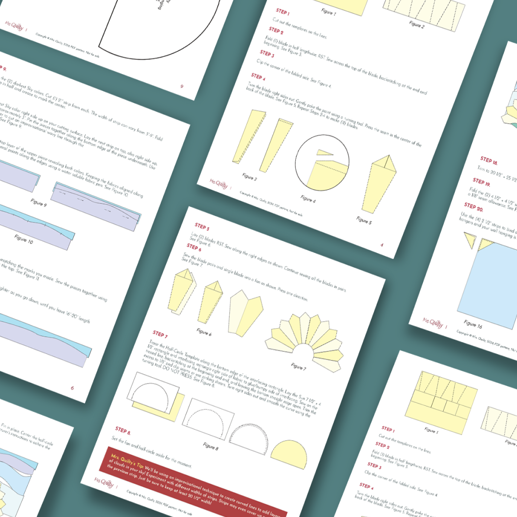 Several instruction sheets with diagrams and step-by-step text are arranged on a green surface, illustrating folding and cutting techniques for making the Sunrise Wall Hanging Downloadable PDF Quilt Pattern.