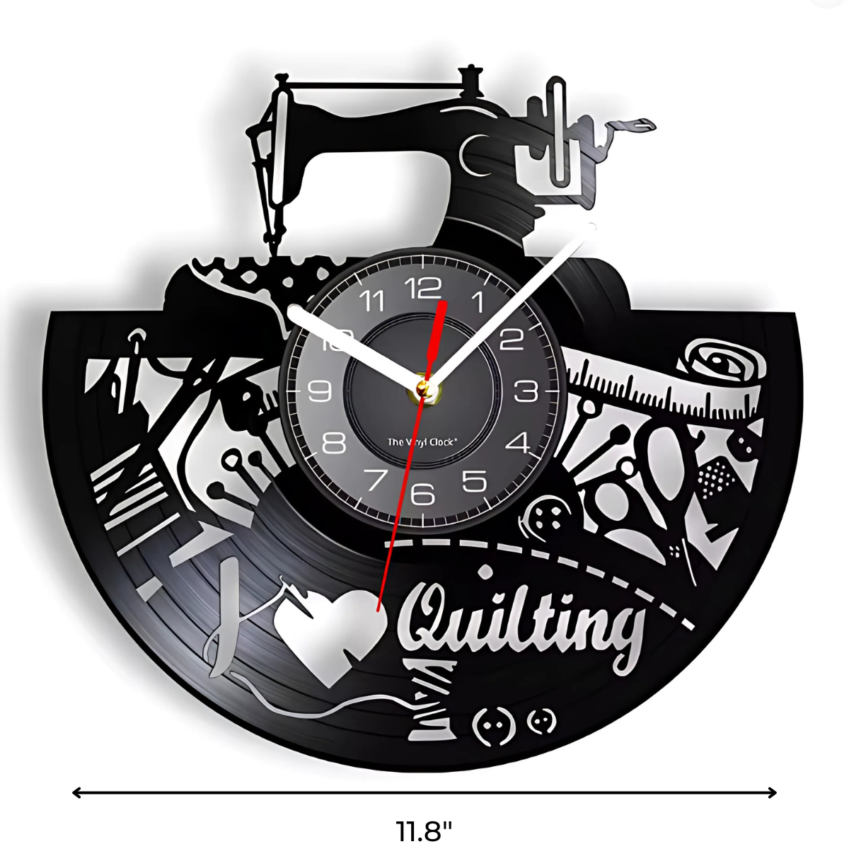 The Quilting Wall Clock features a sewing machine design with quilting-themed art and the word "Quilting." Measuring 11.8" in diameter, it's perfect as vintage sewing dΓ©cor or a thoughtful gift for any quilting enthusiast.
