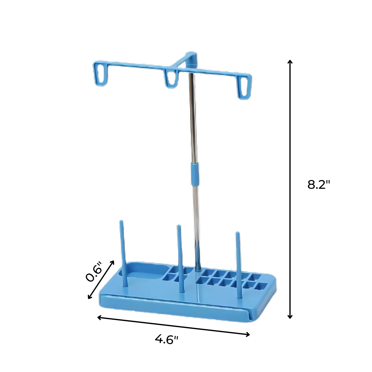 The Compact Thread Holder Station is a blue plastic and metal organizer with hooks and dividers, measuring 8.2" x 4.6" x 0.6", designed to neatly store multiple threads for easy access.