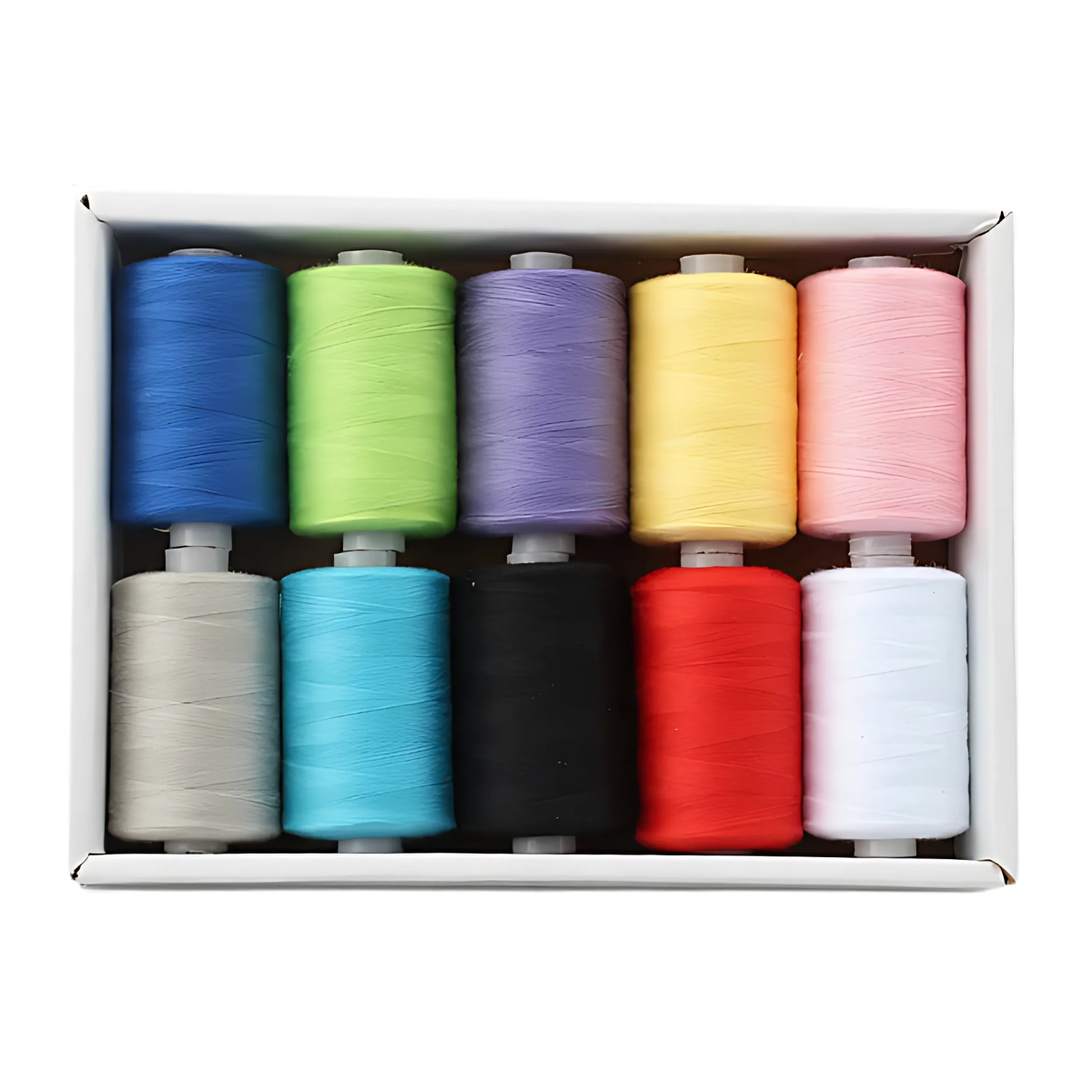 The 30wt 1000yd Colorful - 100% Polyester Thread 10 Pack includes spools in blue, green, purple, yellow, pink, gray, turquoise, black, red, and whiteβideal for embroidery or crafting vibrant designs.