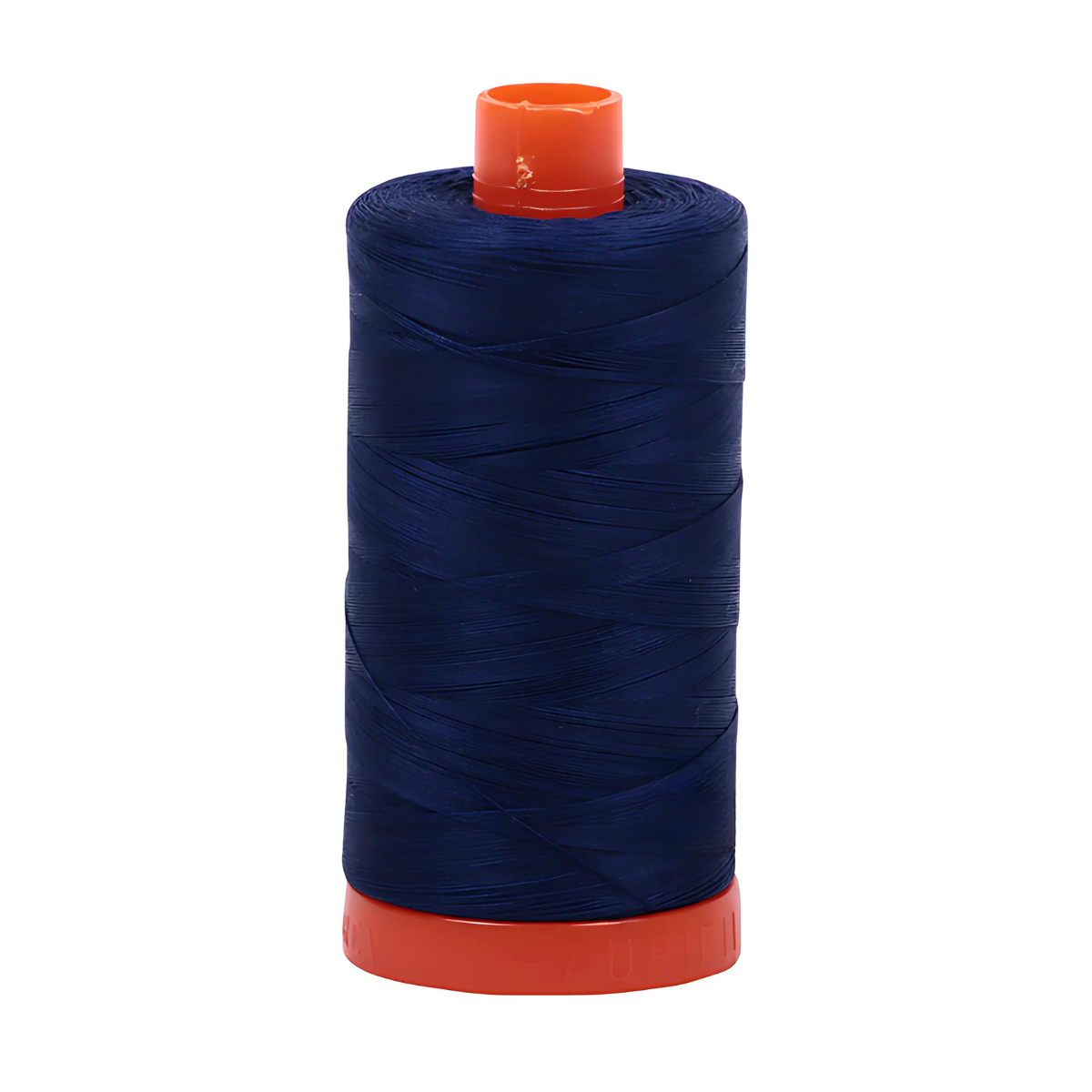 A spool of 50wt Aurifil 1422yd Navy Blue 2784, made from 100% cotton, with an orange plastic base and top, stands upright against a white background.