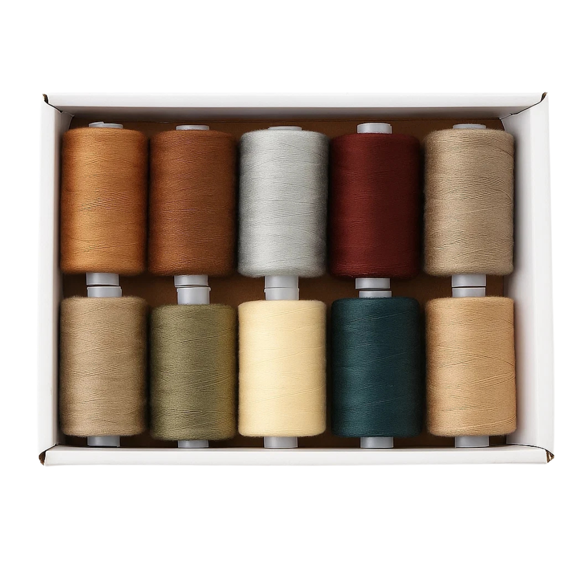 A box of 30wt 1000yd Earthy Colors - 100% Polyester Thread 10 Pack, featuring ten spools in assorted earthy tones arranged in two rows of five, viewed from above.