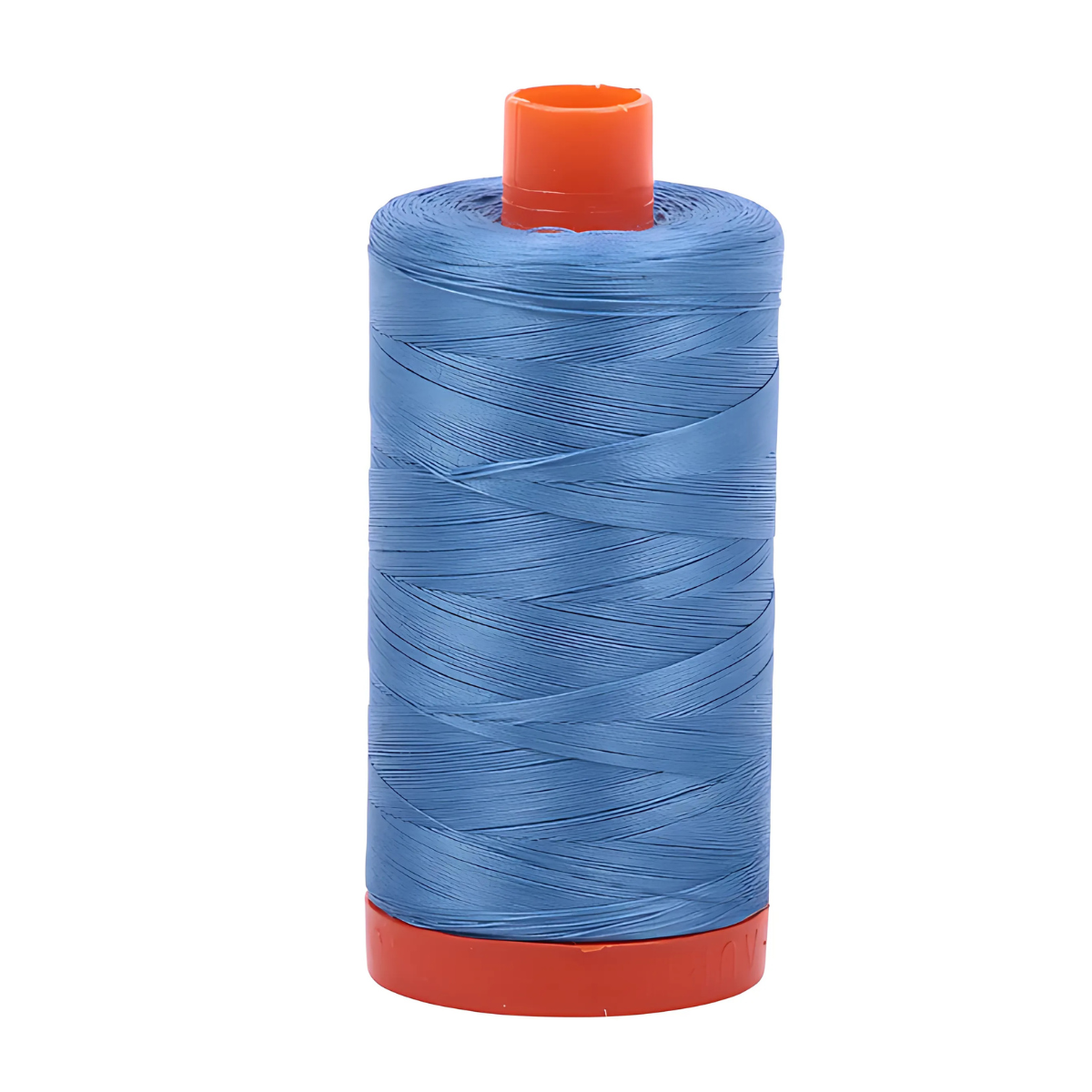 A large spool of 50wt Aurifil 1422yd Light Blue 2725 thread (100% cotton) with an orange top and bottom, standing upright against a white background—ideal for quilting.