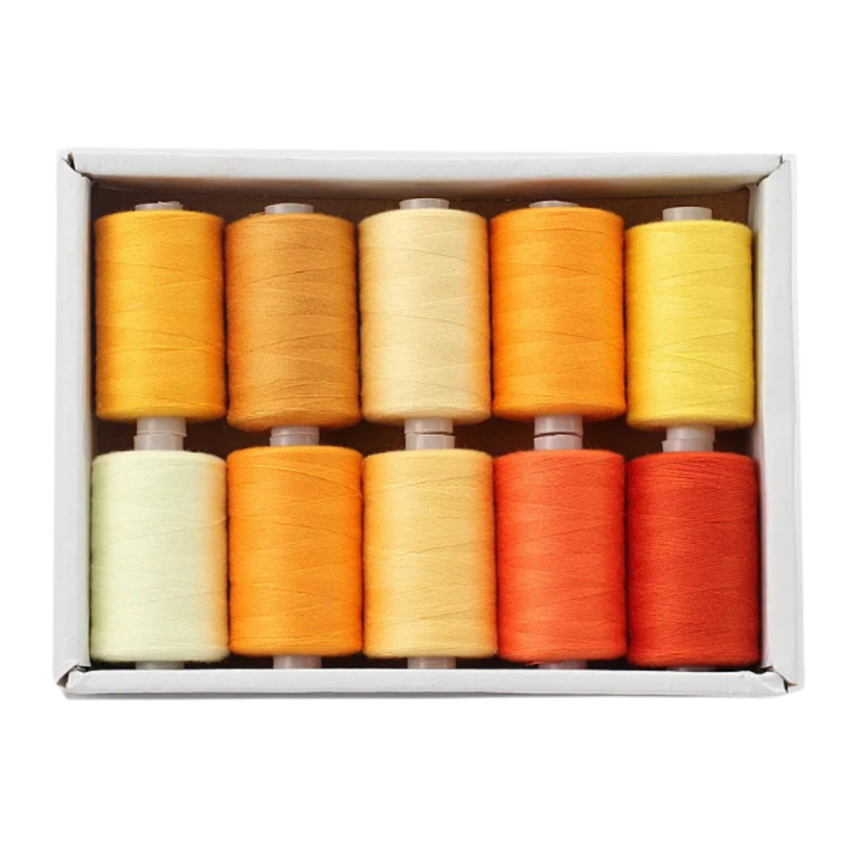 The 30wt 1000yd Warm Color Gradient - 100% Polyester Thread 10 Pack offers ten spools in yellow, orange, and cream shades—perfect for quilting and embroidery.