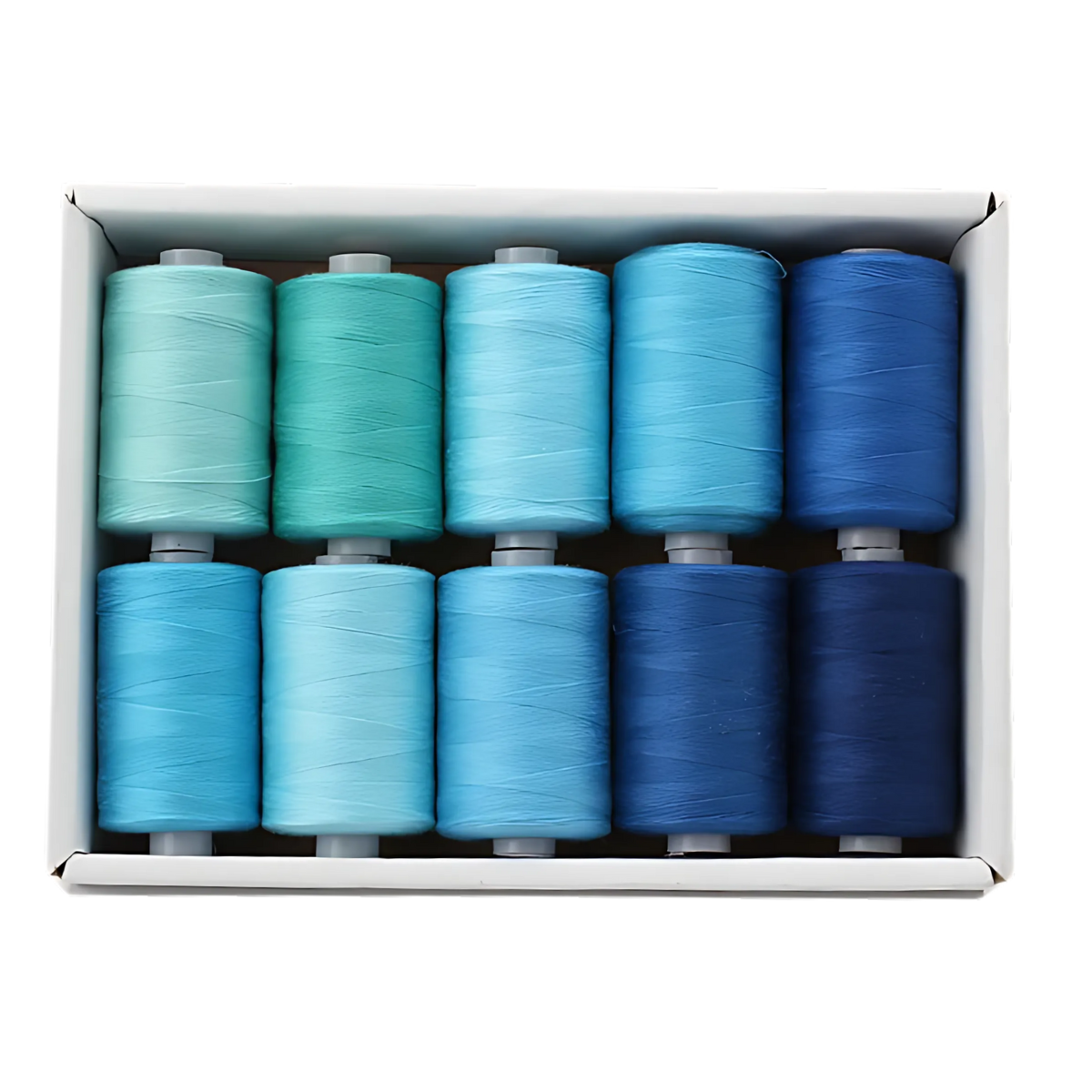 The 30wt 1000yd Blue Gradient-100% Polyester Thread 10 Pack includes ten spools in stunning blue shades, ideal for quilting, and arranged neatly for easy use.