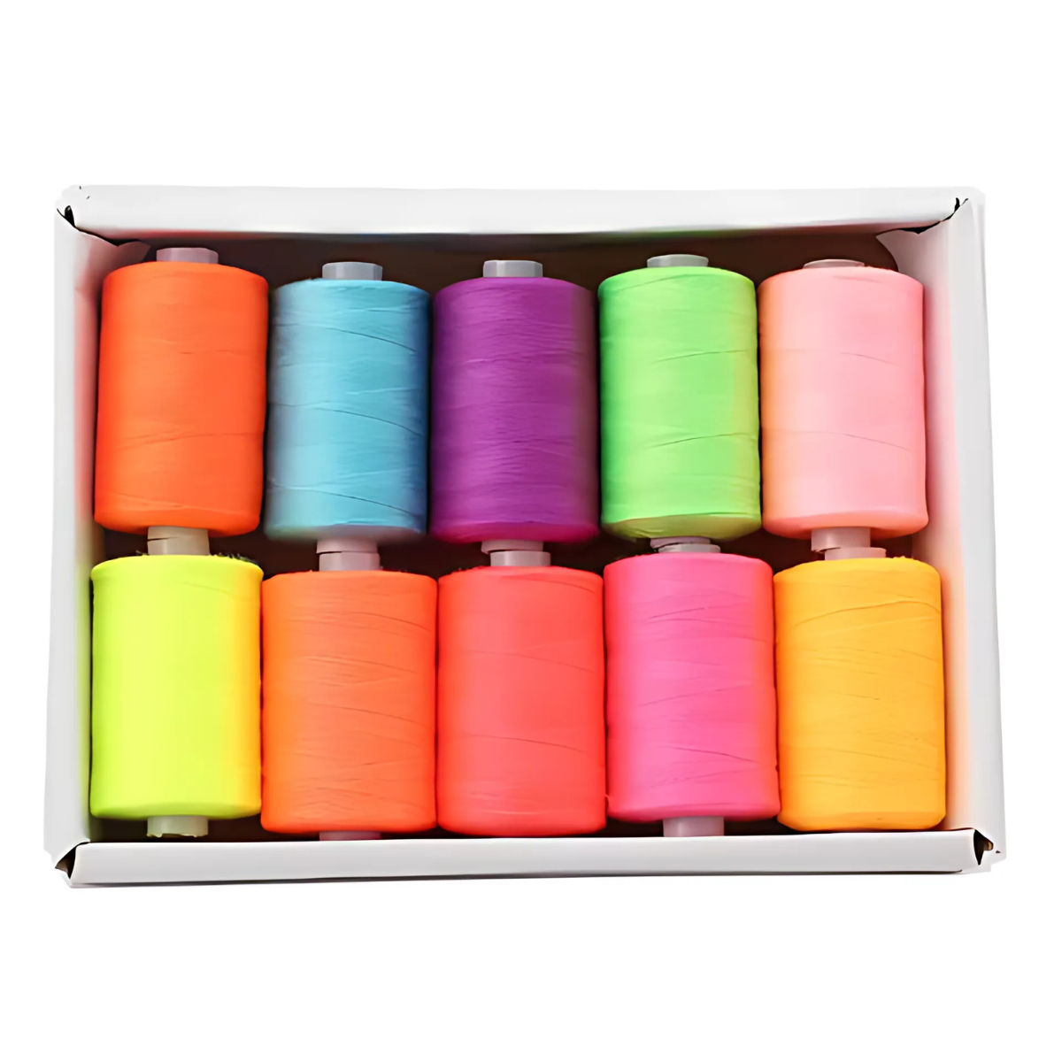 The 30wt 1000yd Neon - 100% Polyester Thread 10 Pack offers ten spools of vibrant neon thread, perfect for bold embroidery and stitching projects.
