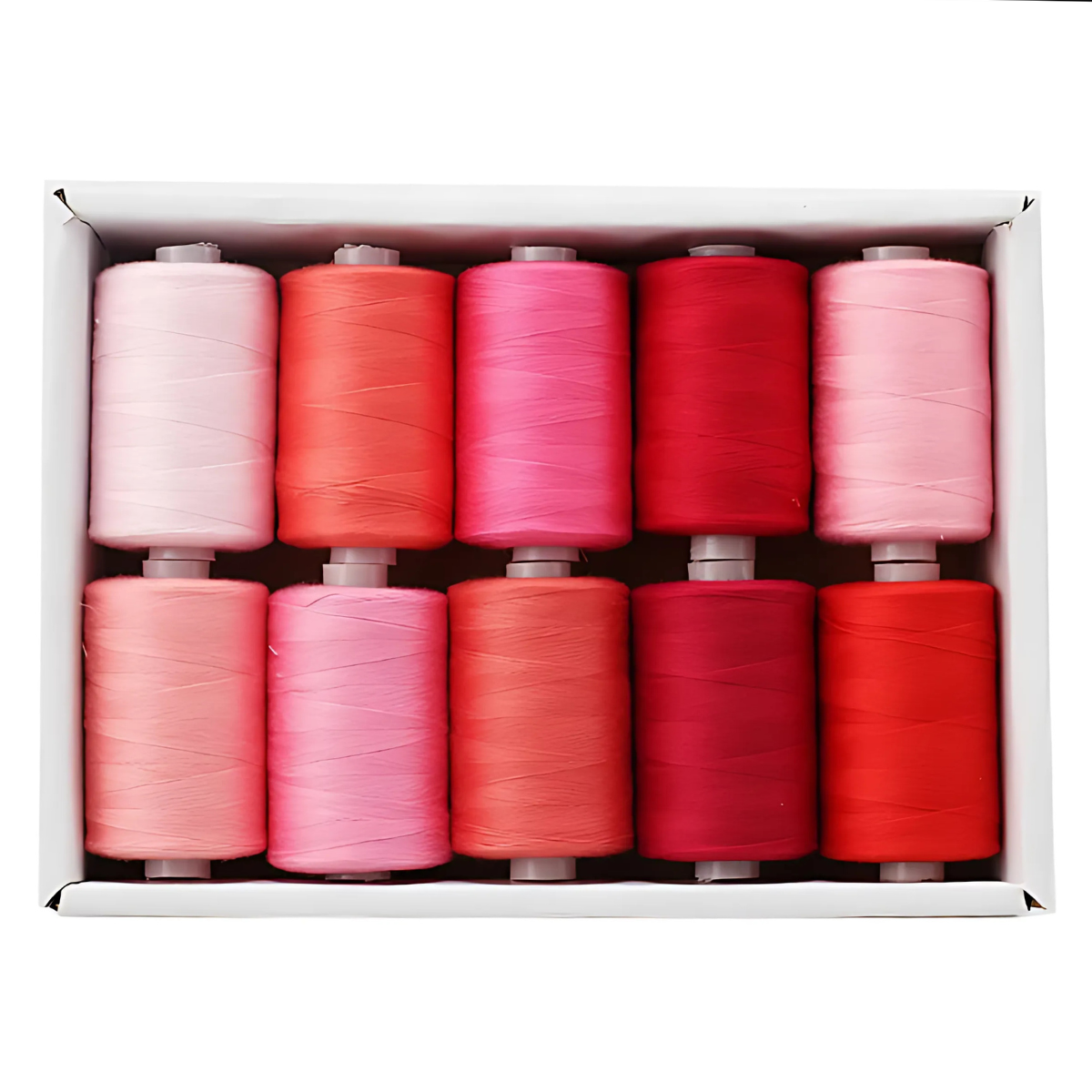 The 30wt 1000yd Red Gradient - 100% Polyester Thread 10 Pack features ten spools in a range of pink, red, and coral shades—perfect for embroidery or quilting—arranged in two neat rows.