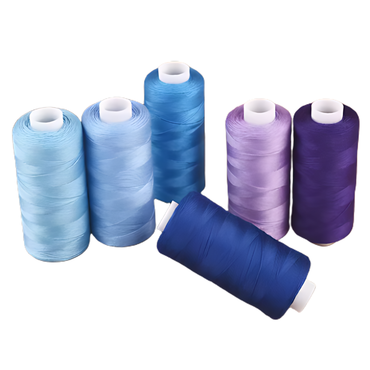 The 30wt 400yd Blue Gradient 100% Polyester Thread 6 Pack is arranged in two rows, with one spool placed horizontally at the front—ideal for quilting and embroidery projects.