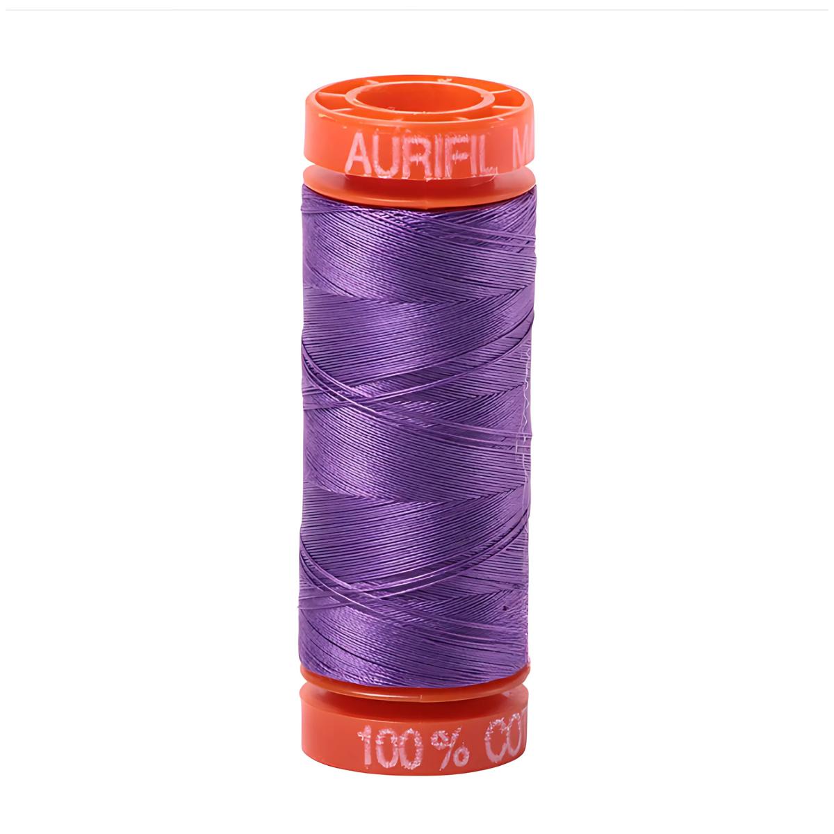 A spool of 50wt Aurifil 220yd Purple 2540 thread, made from 100% cotton and ideal for quilting, features orange plastic ends labeled "AURIFIL" and "100% CO," shown on a white background.