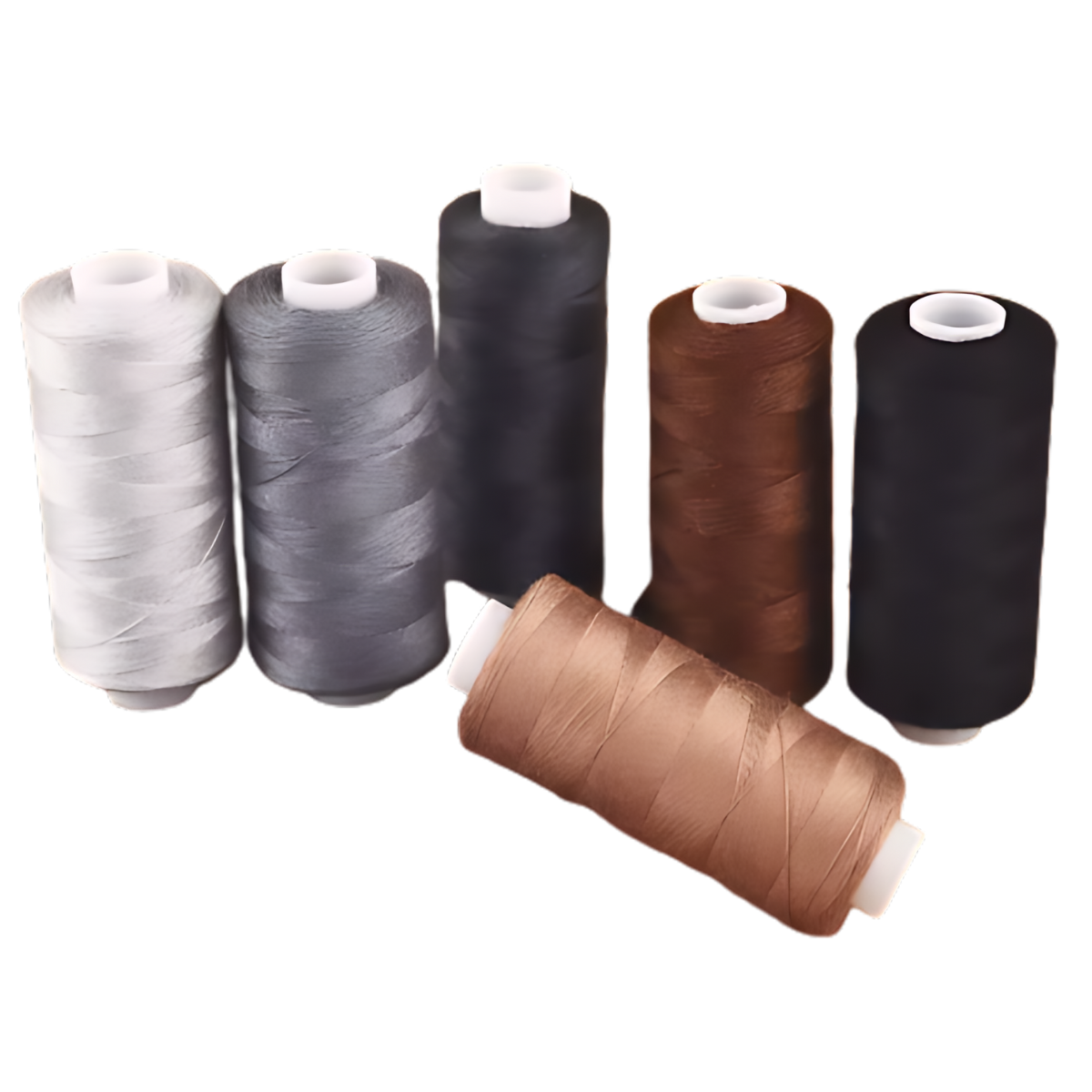 Six spools of 30wt 400yd dark gradient 100% polyester thread (6-pack) in various shades, with one tan spool displayed horizontally—ideal quilting or embroidery thread for creative projects.