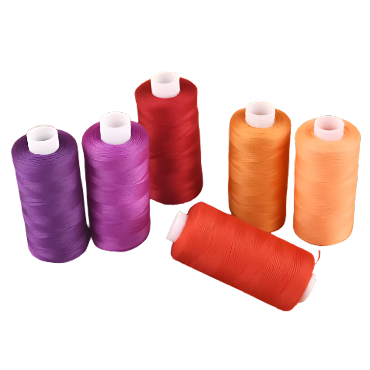 Six upright spools of 30wt 400yd red gradient 100% polyester thread from a 6 pack are displayed with one spool lying down, all set against a white background.