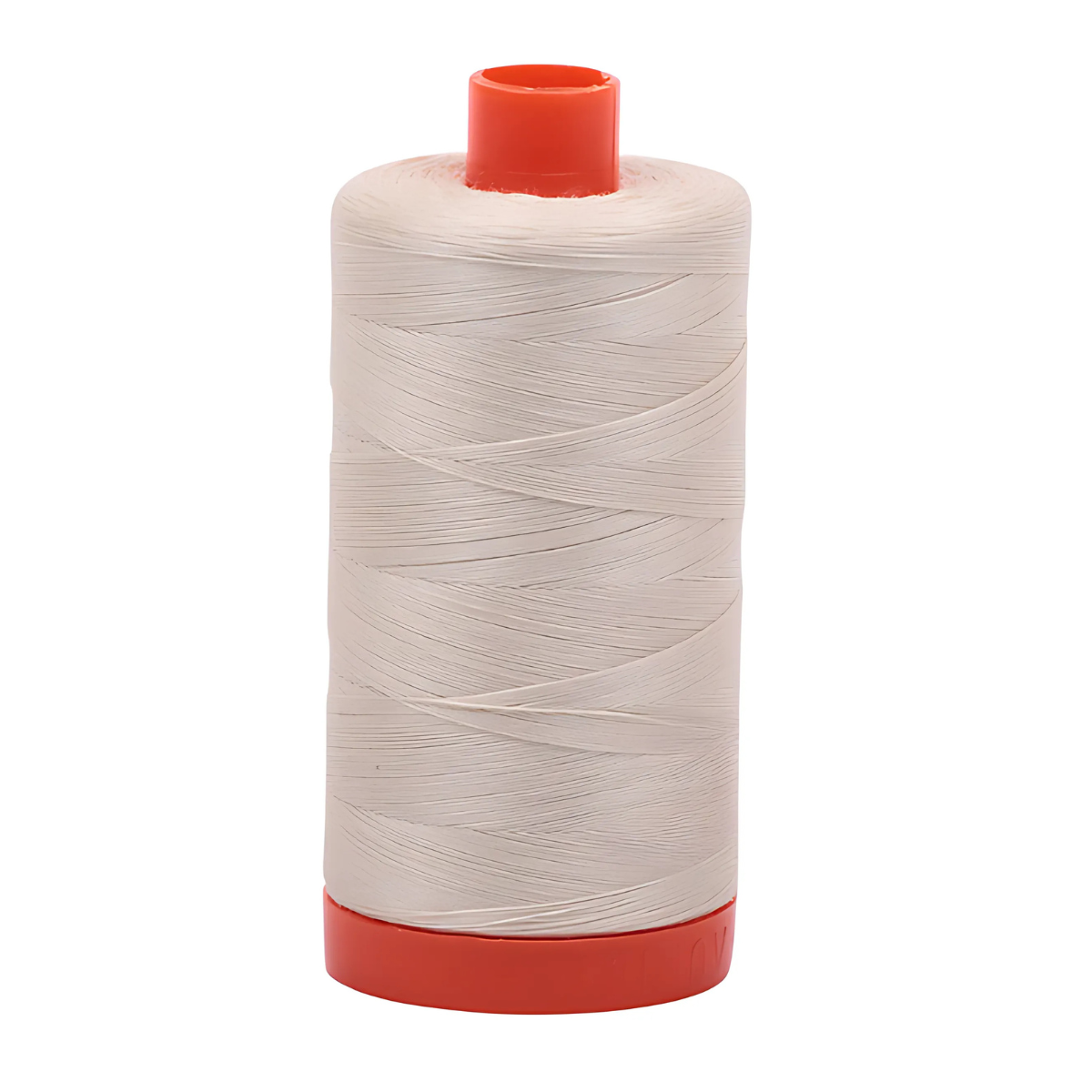 A large spool of 50wt Aurifil 1422yd Beige 2310 100% cotton thread with orange plastic ends stands upright on a white background.