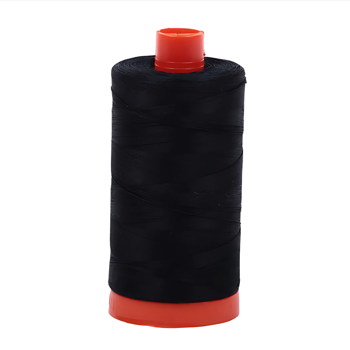 A spool of Aurifil 50wt Cotton Thread 1422yd - Black with an orange core, ideal for quilting, is displayed upright on a plain white background.