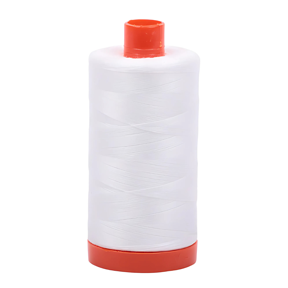 A 50wt Aurifil 1422yd White 2021 spool of 100% cotton thread with an orange plastic base and top stands upright on a plain white background—perfect for quilting and embroidery projects.