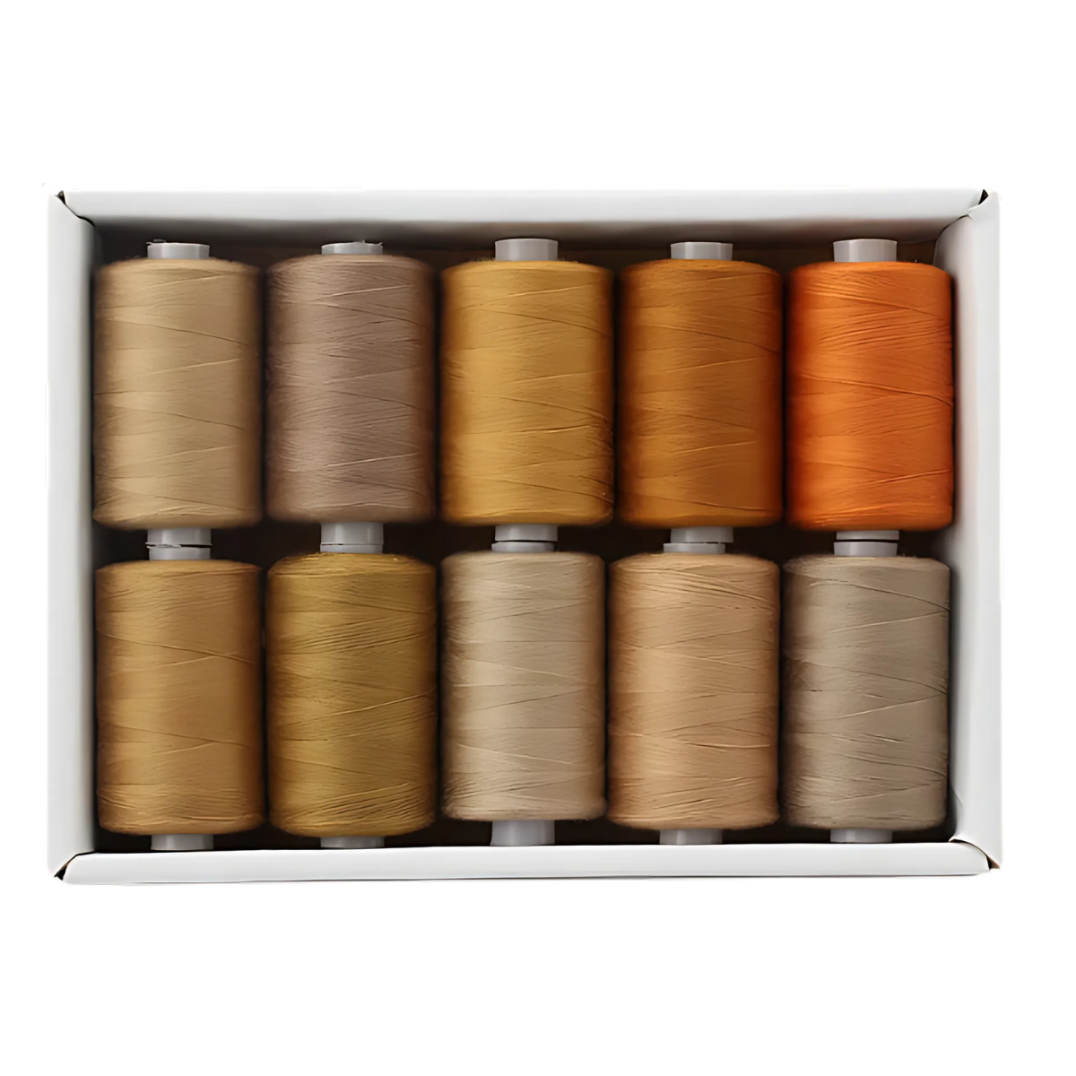 The 30wt 1000yd Brown Gradient - 100% Polyester Thread 10 Pack includes ten spools in beige, brown, yellow, and orange shades for embroidery or quilting, neatly arranged in two rows.
