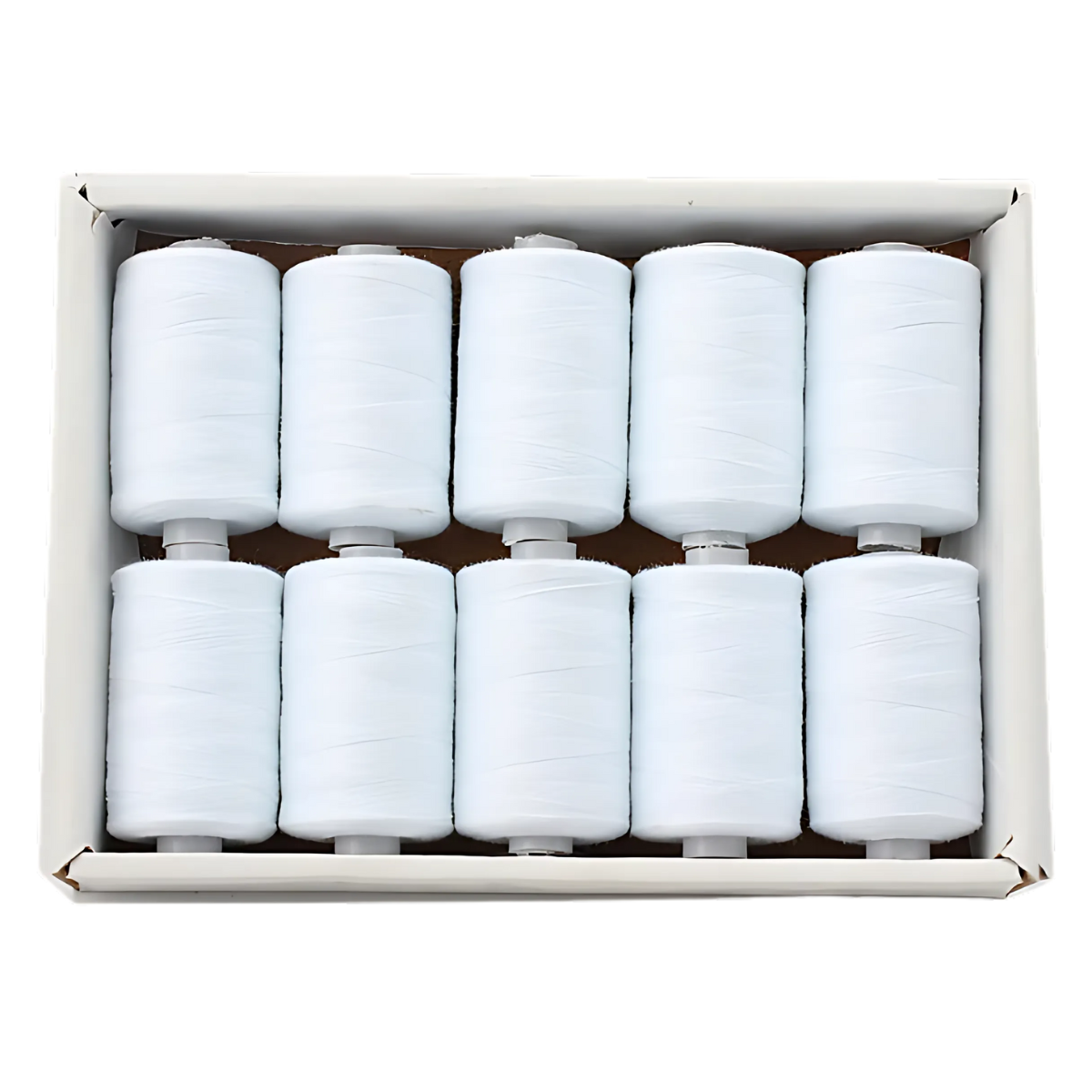 The 30wt 1000yd White - 100% Polyester Thread 10 Pack includes ten neatly arranged spools, ideal for embroidery or quilting projects.