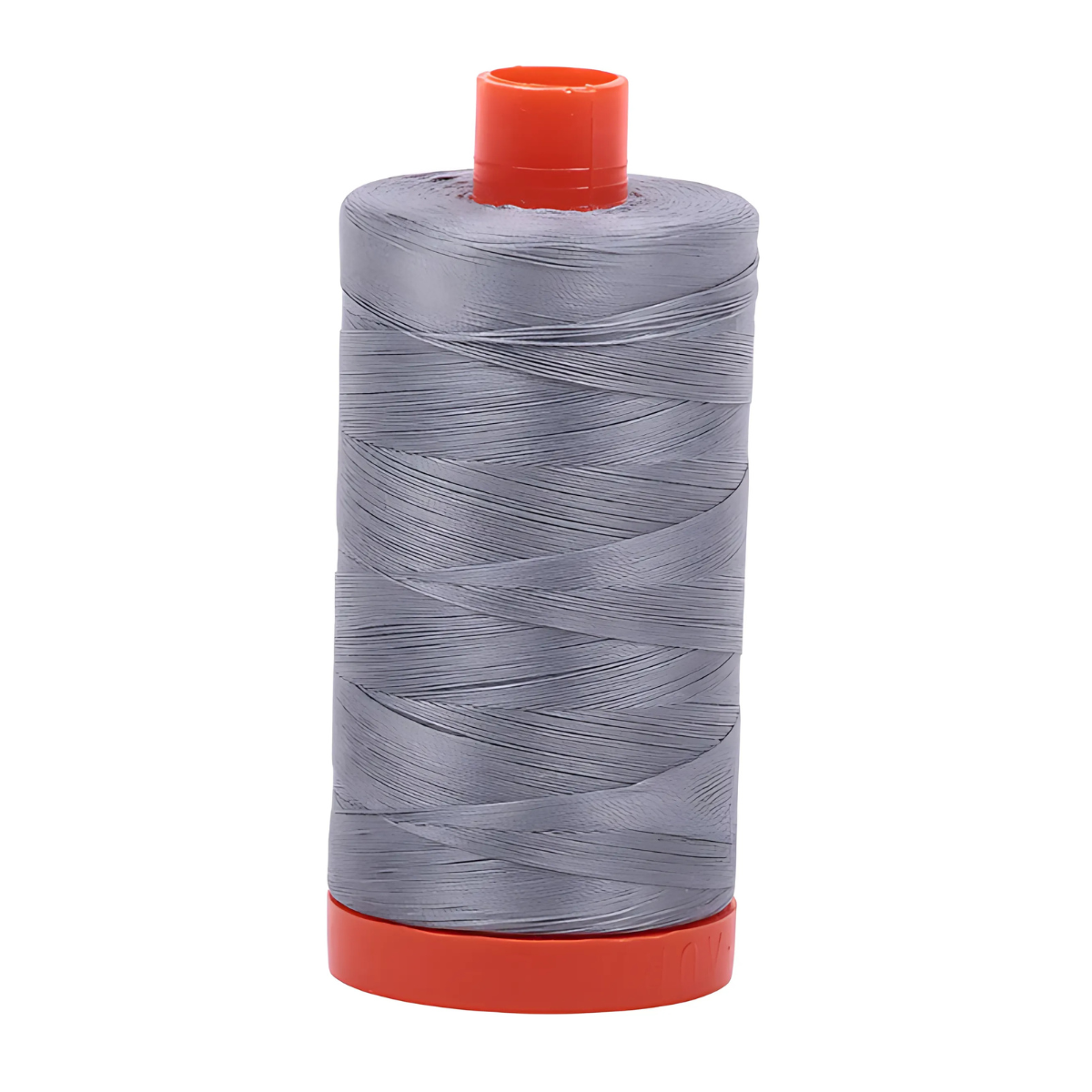 A spool of 50wt Aurifil 1422yd Gray 2605, 100% cotton thread with a red top and base is displayed against a plain white background.