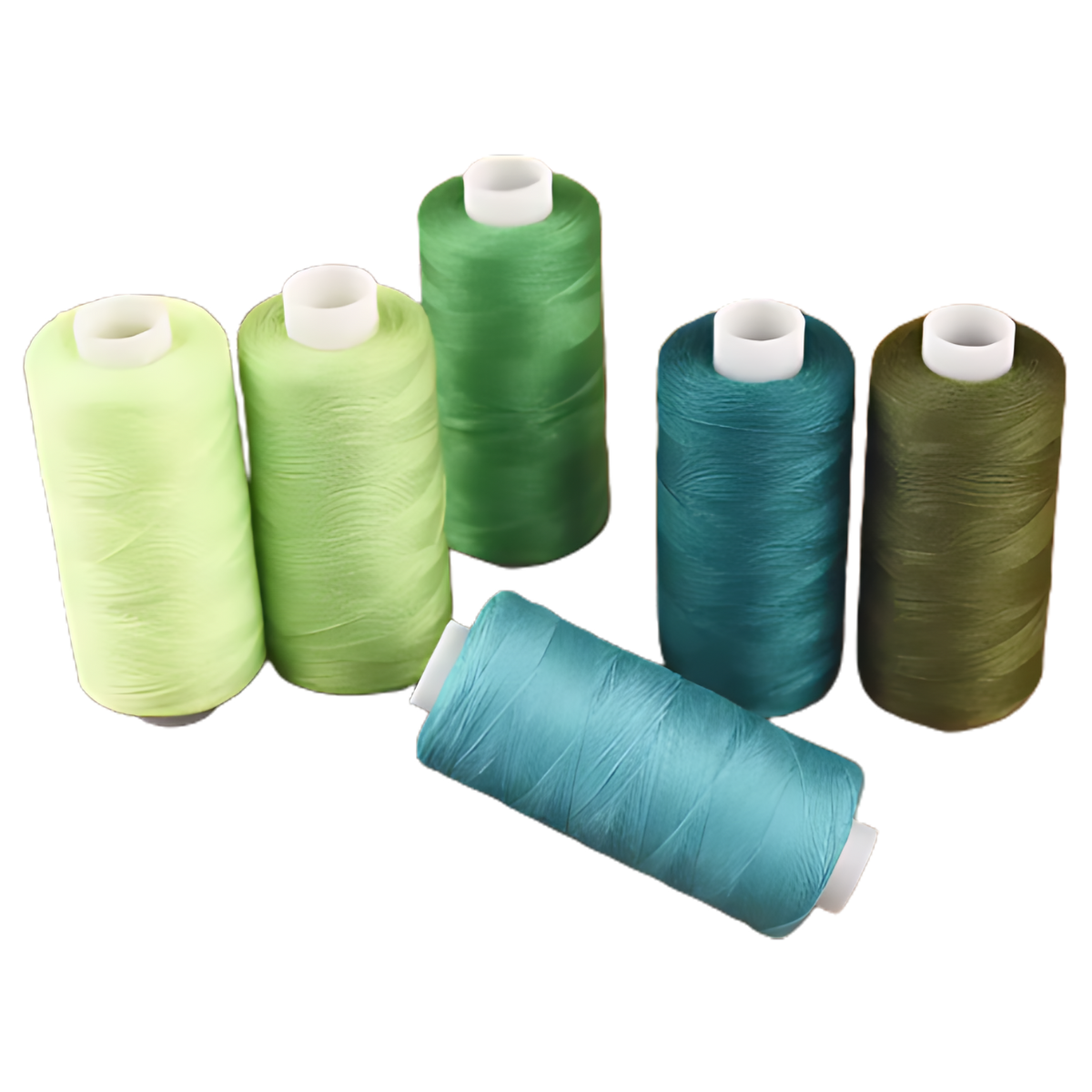 The 30wt 400yd Green Gradient - 100% Polyester Thread 6 Pack features six spools in assorted green and blue shades, ideal for embroidery or quilting, displayed on a white background.