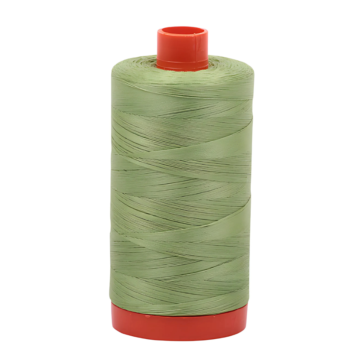 A large spool of 50wt Aurifil 1422yd Green 2882 - 100% Cotton Thread stands upright, featuring a light green color and red plastic base and top, set against a white background.