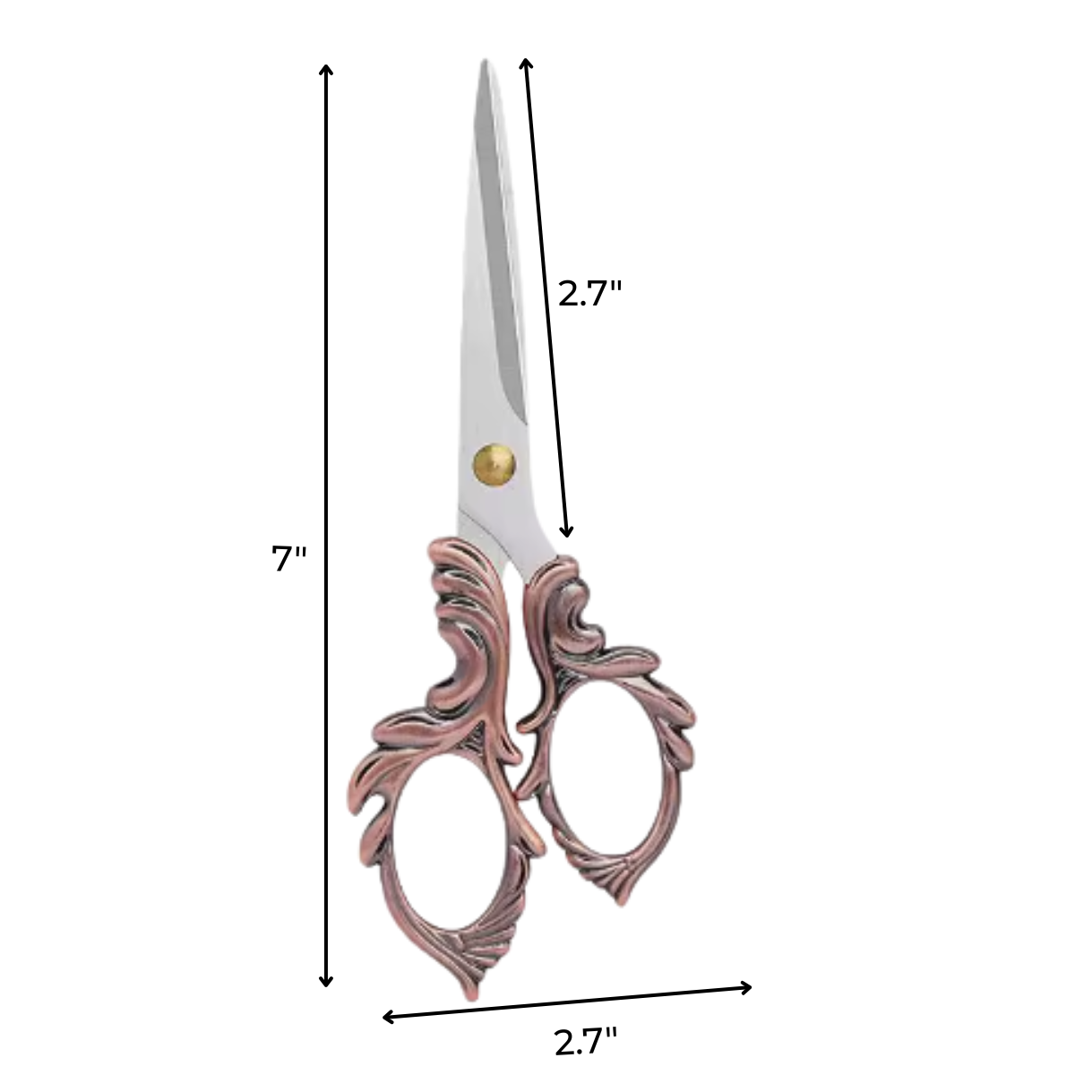 Embroidery Scissors with stainless steel blades and bronze decorative handles, measuring 7" long by 2.7" wide, shown with dimension arrows for reference.