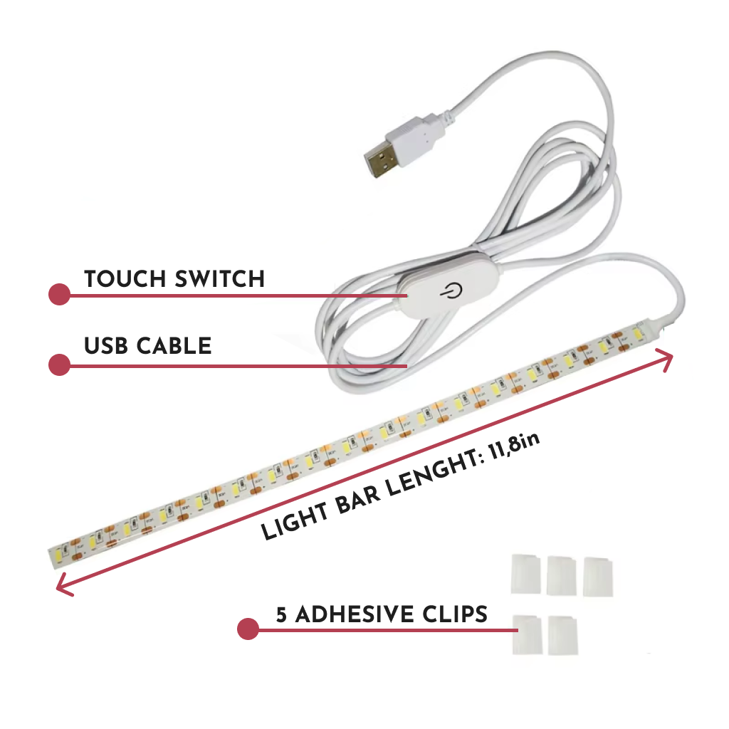 The Sewing Machine Light features an 11.8-inch LED bar with a touch switch and USB cable. Perfect for sewing machines, it includes five adhesive clips for easy attachment and adjustable brightness to fit your needs.