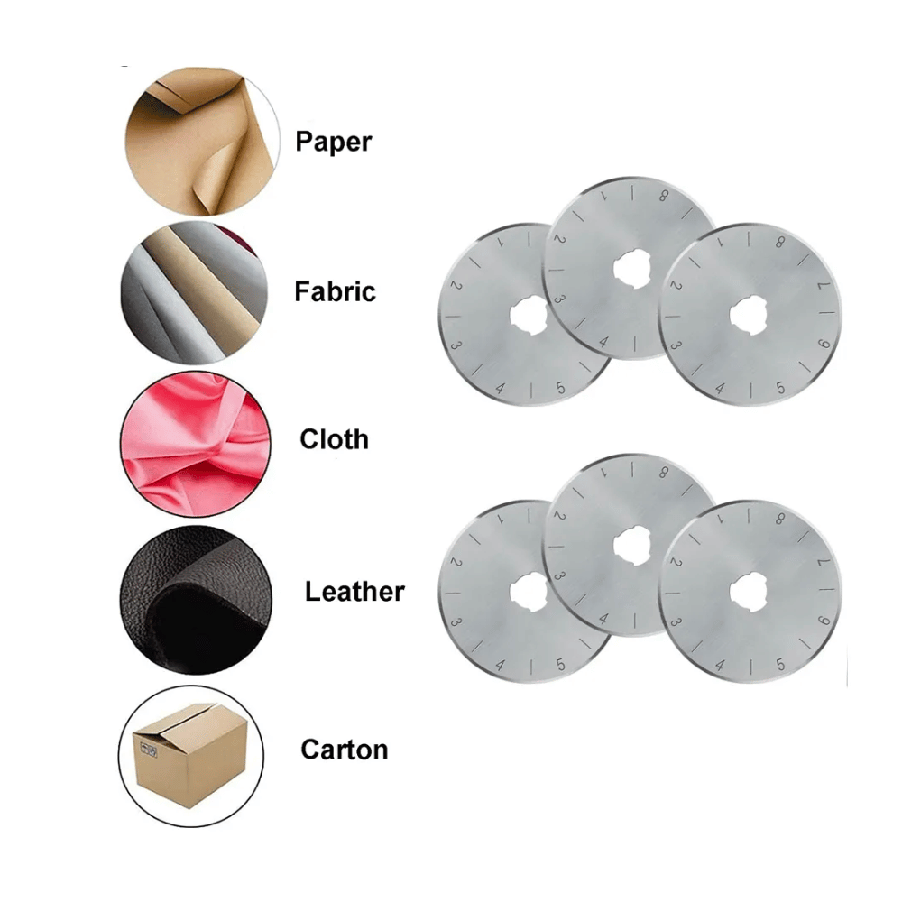 Explore the precision of 60mm Rotary Cutter Blades 5pcs for versatile crafting. These numbered circular blades effortlessly cut through paper, fabric, cloth, leather, and carton. Material samples demonstrate their capability.
