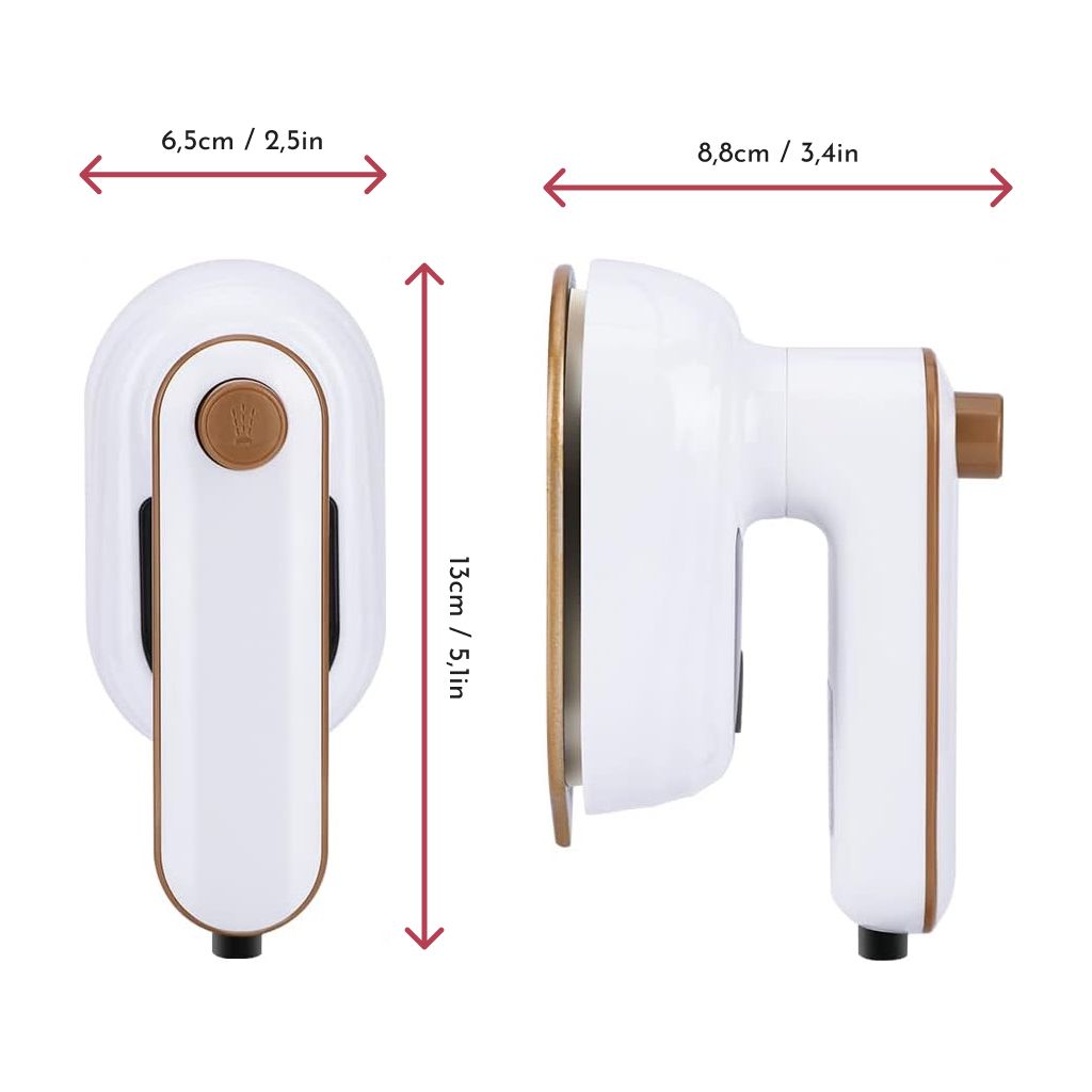 Two views of the Mini Ironing Machine show a sleek, portable device with brown accents. It measures 6.5 cm wide, 13 cm tall, and 8.8 cm deep and includes a button and ergonomic handle, perfect for wrinkle-free fabrics on the go.