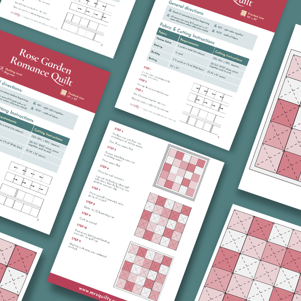 Download the "Rose Garden Romance Quilt" PDF pattern, featuring step-by-step diagrams, fabric cutting charts, and layout illustrations on a teal background—ideal for beginners making a romantic quilt design.
