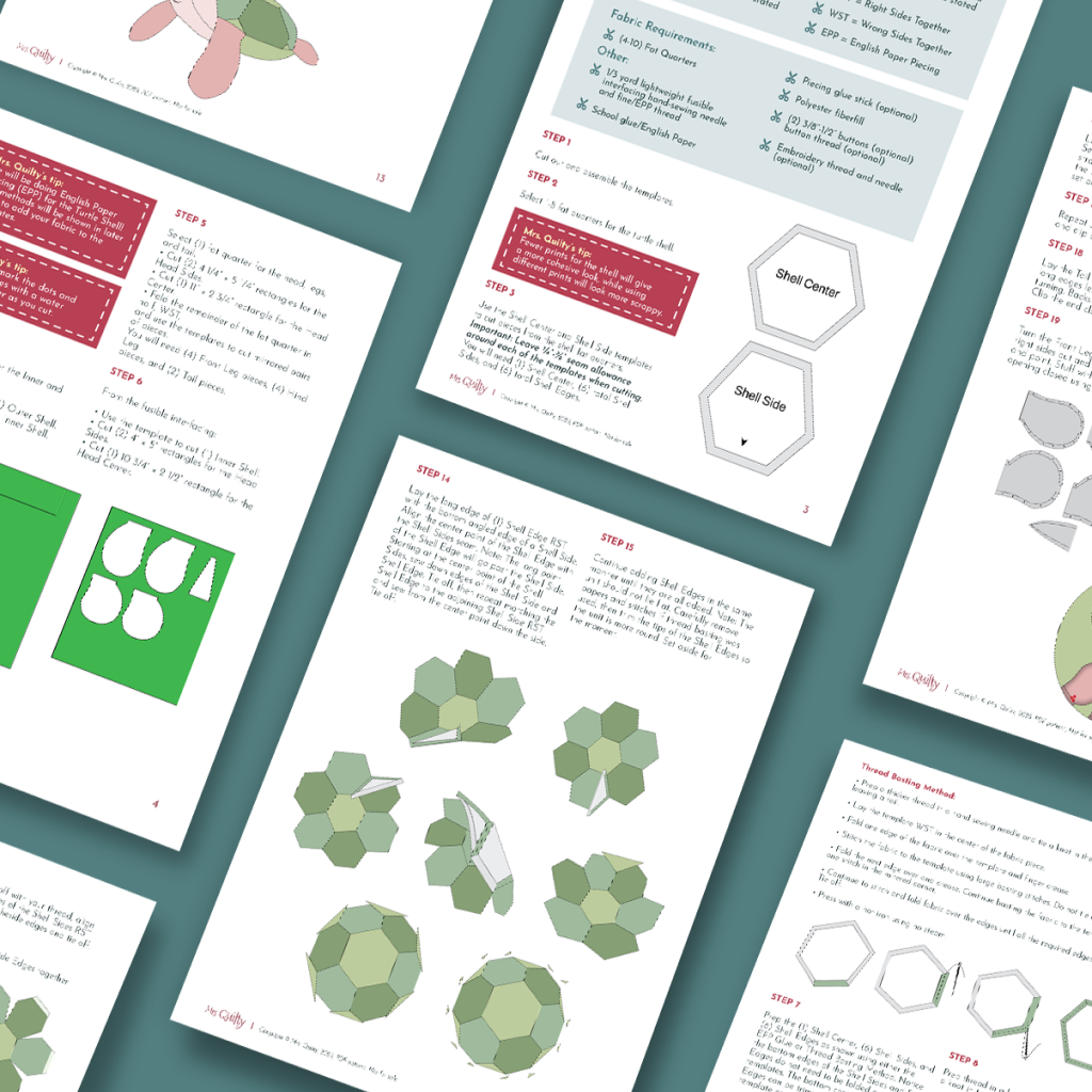 Instructional sheets for the Tom the Turtle Quilt Downloadable PDF Quilt Pattern are shown on a teal surface, featuring step-by-step guides and pattern templates in red, green, and gray for an intermediate applique quilting project.