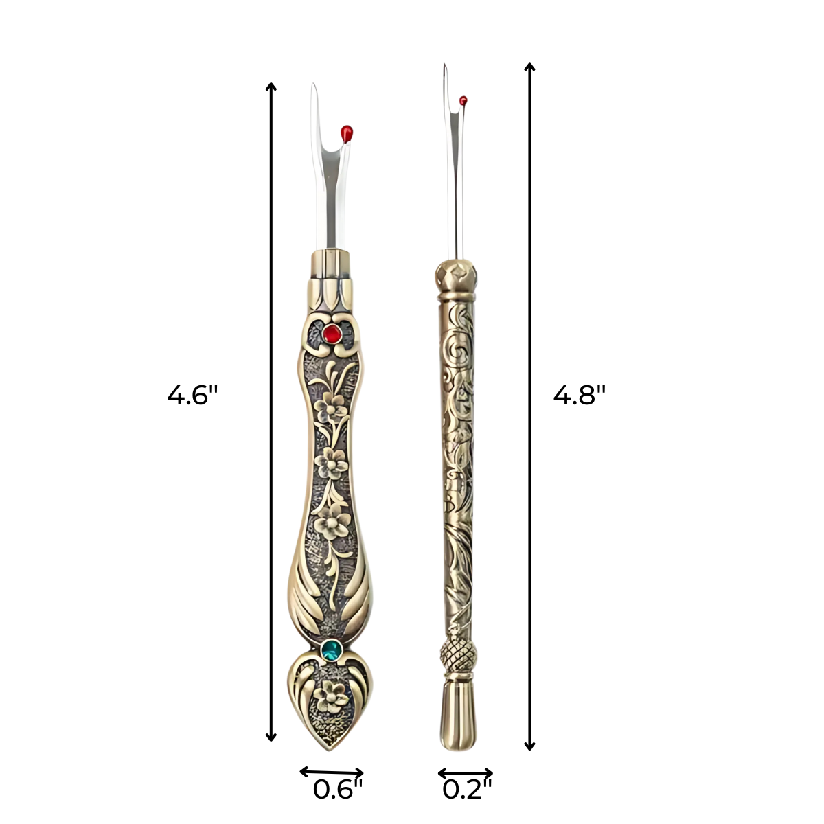 The Vintage Seam Ripper Set includes two ornate seam rippers with metal handles, vintage-inspired designs, and red-tipped blades. Sizes are 4.6" x 0.6" and 4.8" x 0.2".