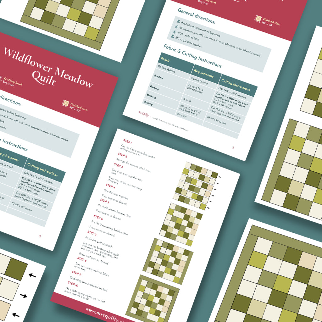 The Wildflower Meadow Quilt Downloadable PDF Quilt Pattern features diagrams, cutting instructions, and step-by-step directions on a teal background—ideal for nature-inspired quilting enthusiasts.