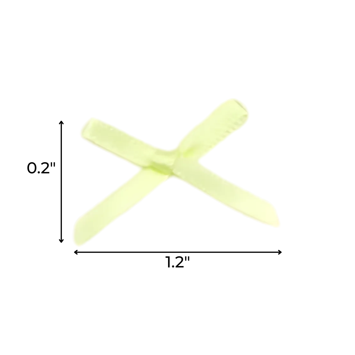 A pastel satin ribbon set, featuring light yellow X-shaped plastic pieces (0.2" tall, 1.2" wide), is ideal for crafts or pairing with quilting ribbonsβshown with dimension arrows for easy crafting reference.