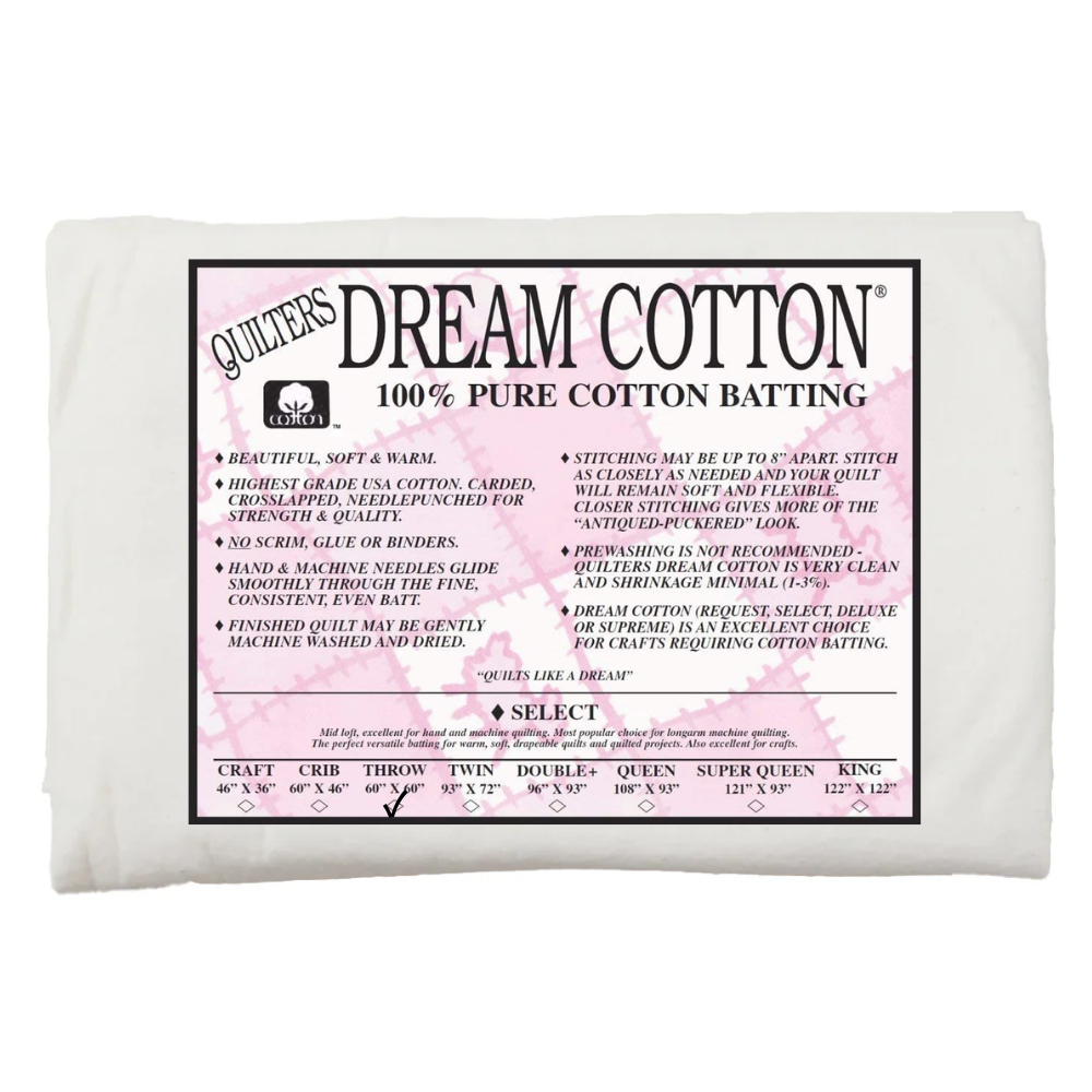 Package of 60" x 60" Mid Loft 100% Cotton Batting Quilter’s Dream, labeled with product features, care instructions, available sizes, and featuring a pink quilt design in the background.