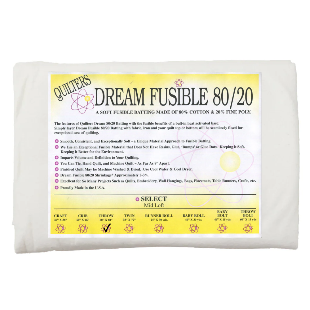 A package of 60" x 60" Mid Loft 80% Cotton & 20% Poly Batting Quilterβs Dream with product info and a yellow size chartβideal for quilts needing dependable fusible webbing; all shown on a white background.