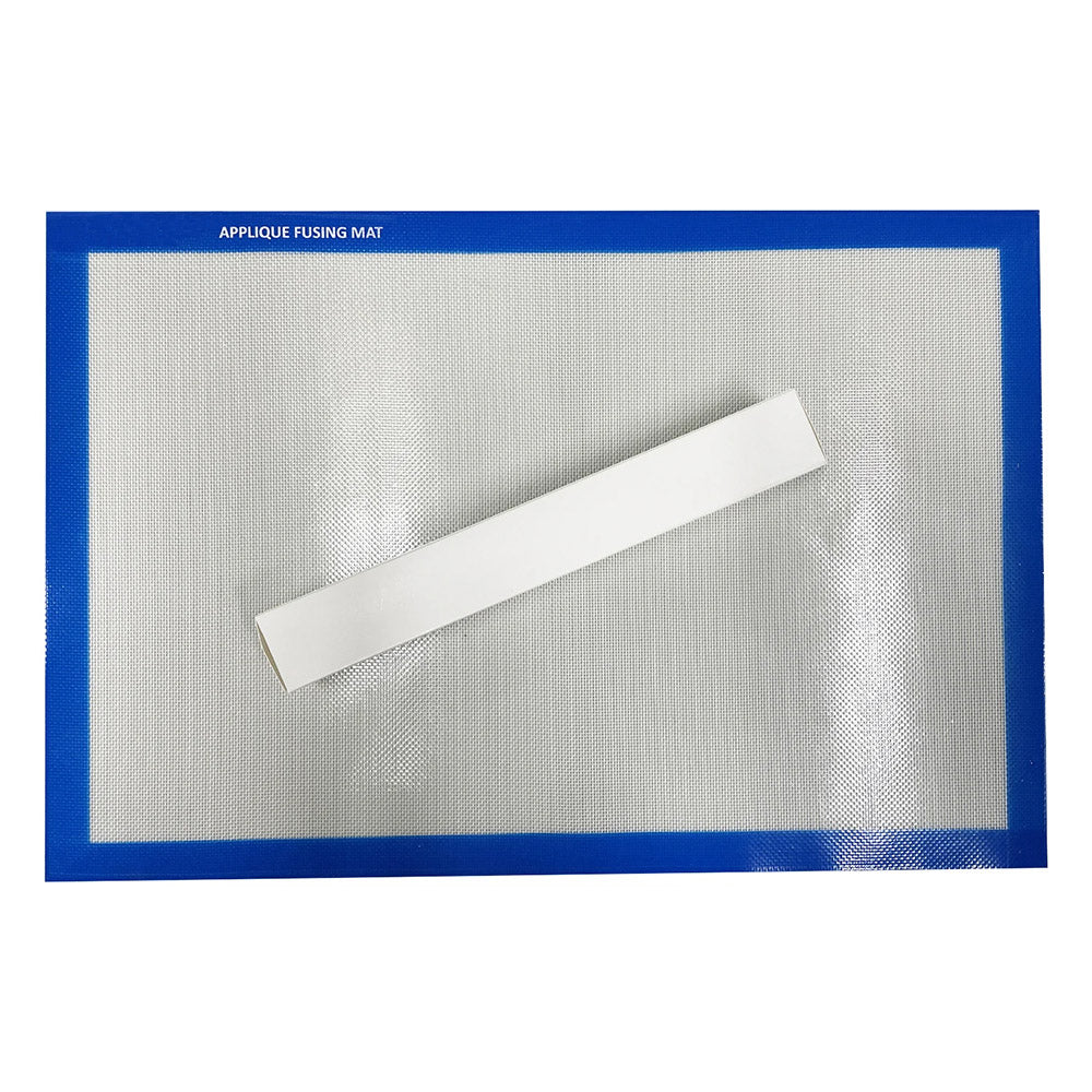 The Silicone Applique Fusing Mat for Quilters is a non-stick mat ideal for effortless applique projects, featuring a blue-bordered rectangle with a central white strip.