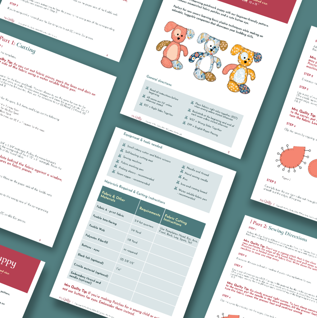 Several illustrated instruction sheets for the "Patches the Puppy Downloadable PDF Quilt Pattern" are arranged on a teal surface, showing materials lists and assembly steps—ideal for beginners in quilting or making stuffed animals.