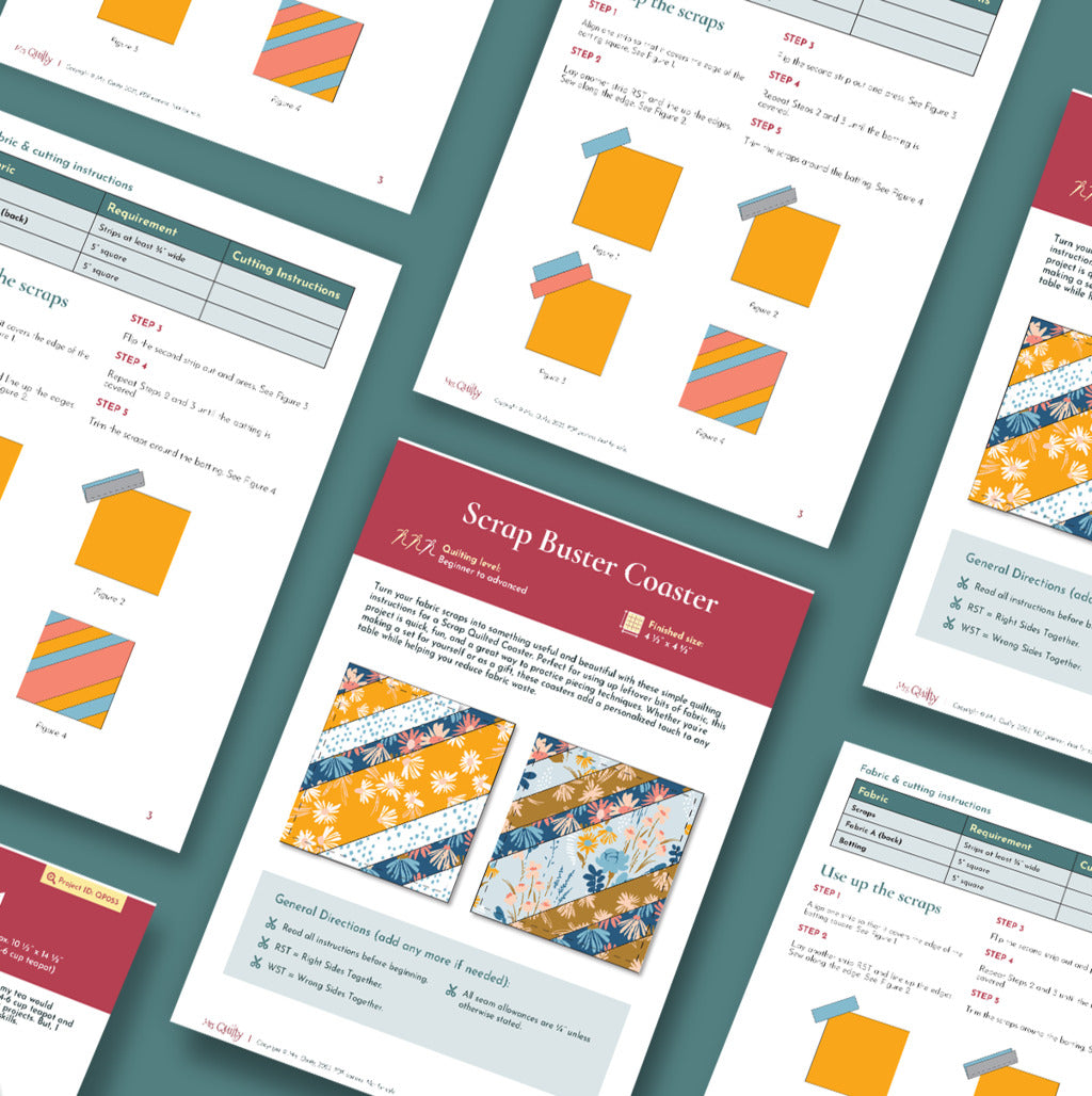 Flat lay of Scrap Buster Coaster Downloadable PDF Quilt Pattern instructions with diagrams, text, and colorful fabric illustrations on teal—a perfect beginner sewing project and scrap buster for quilting.
