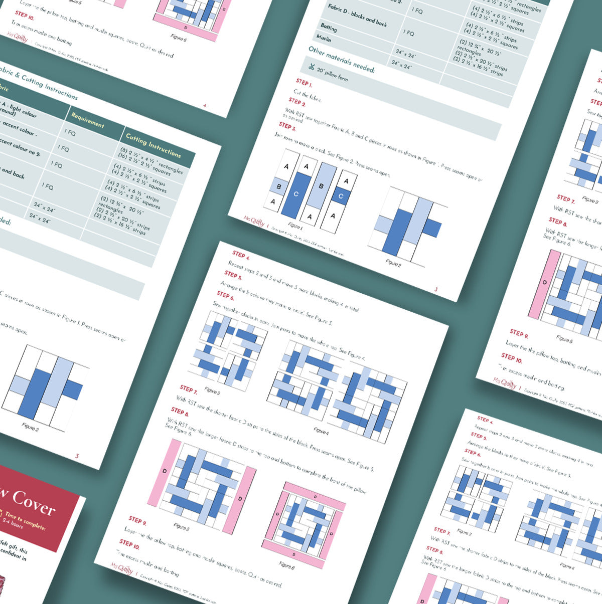 Several pages of step-by-step instructions and diagrams for the Intertwined Pillow Case Downloadable PDF Quilt Pattern are displayed on a teal surface, showing assembly or folding processes for this intermediate design.