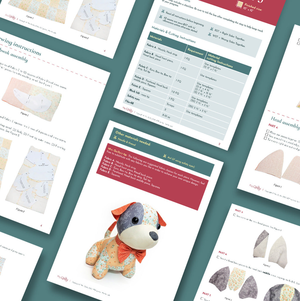 The Benny the Puppy Downloadable PDF Quilt Pattern includes sewing instructions, diagrams, materials lists, and a photo of a plush patchwork dog with a red bow—ideal inspiration for advanced quilters or playful puppy-themed quilt projects.