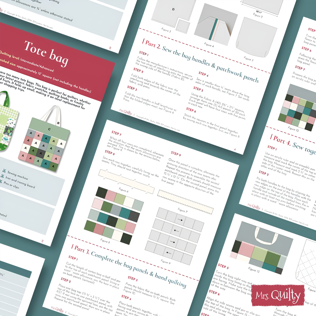 The Tote Bag Downloadable PDF Quilt Pattern provides step-by-step sewing instructions with diagrams, patchwork panels, and quilting tips. This guide by "Mrs. Quilty" is perfect for enthusiasts seeking to enhance their crafting skills through instant download access.