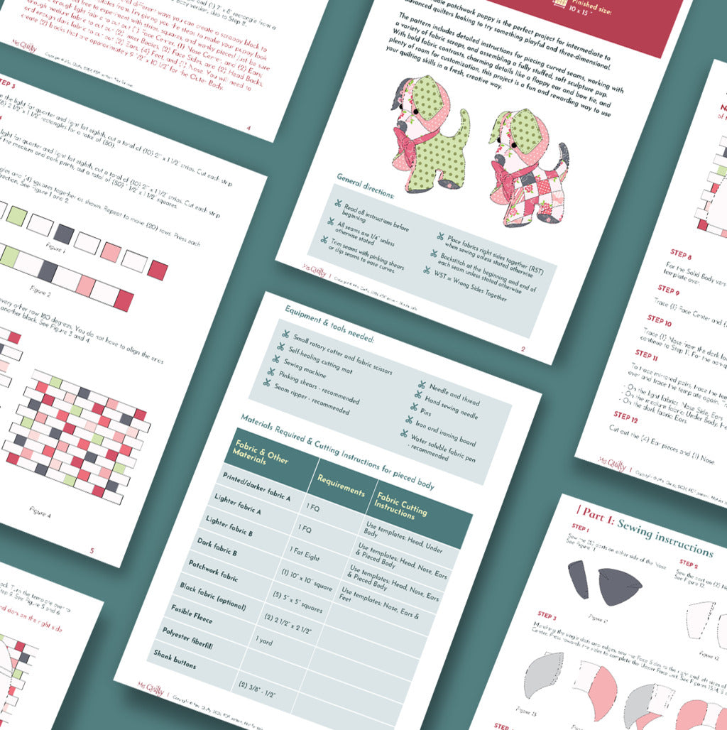 Paisley the Puppy Downloadable PDF Quilt Pattern instruction sheets with diagrams, fabric charts, and step-by-step directions—ideal for quilting or a dog-themed sewing project—arranged on a teal surface.