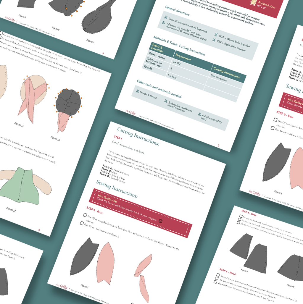 Several illustrated instruction sheets are displayed, featuring diagrams, materials lists, cutting layouts, and step-by-step directions for making the Lulu the Bunny Downloadable PDF Quilt Pattern.