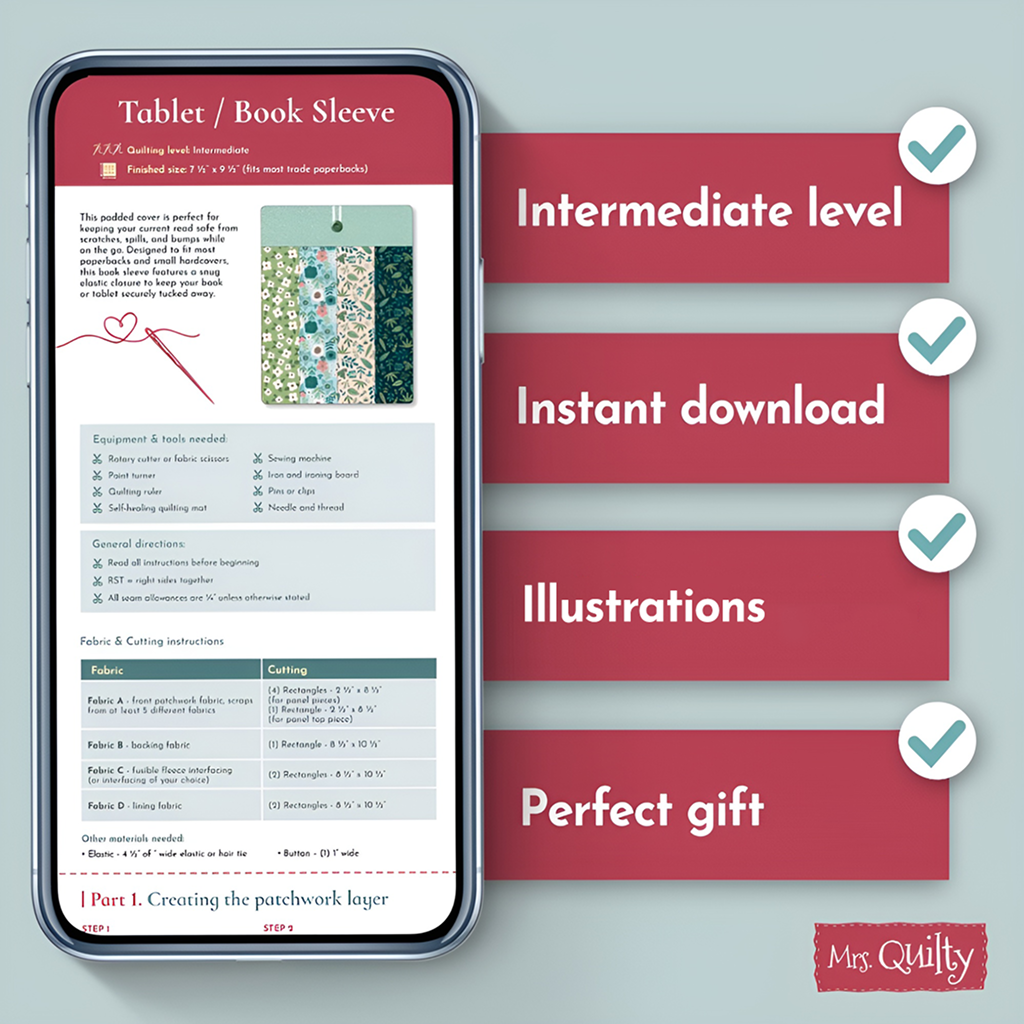 A phone displays the Book Sleeve Downloadable PDF Quilt Pattern, showing text and fabric images. Four check-marked features read: Intermediate level, Instant download, Illustrations, Perfect gift.
