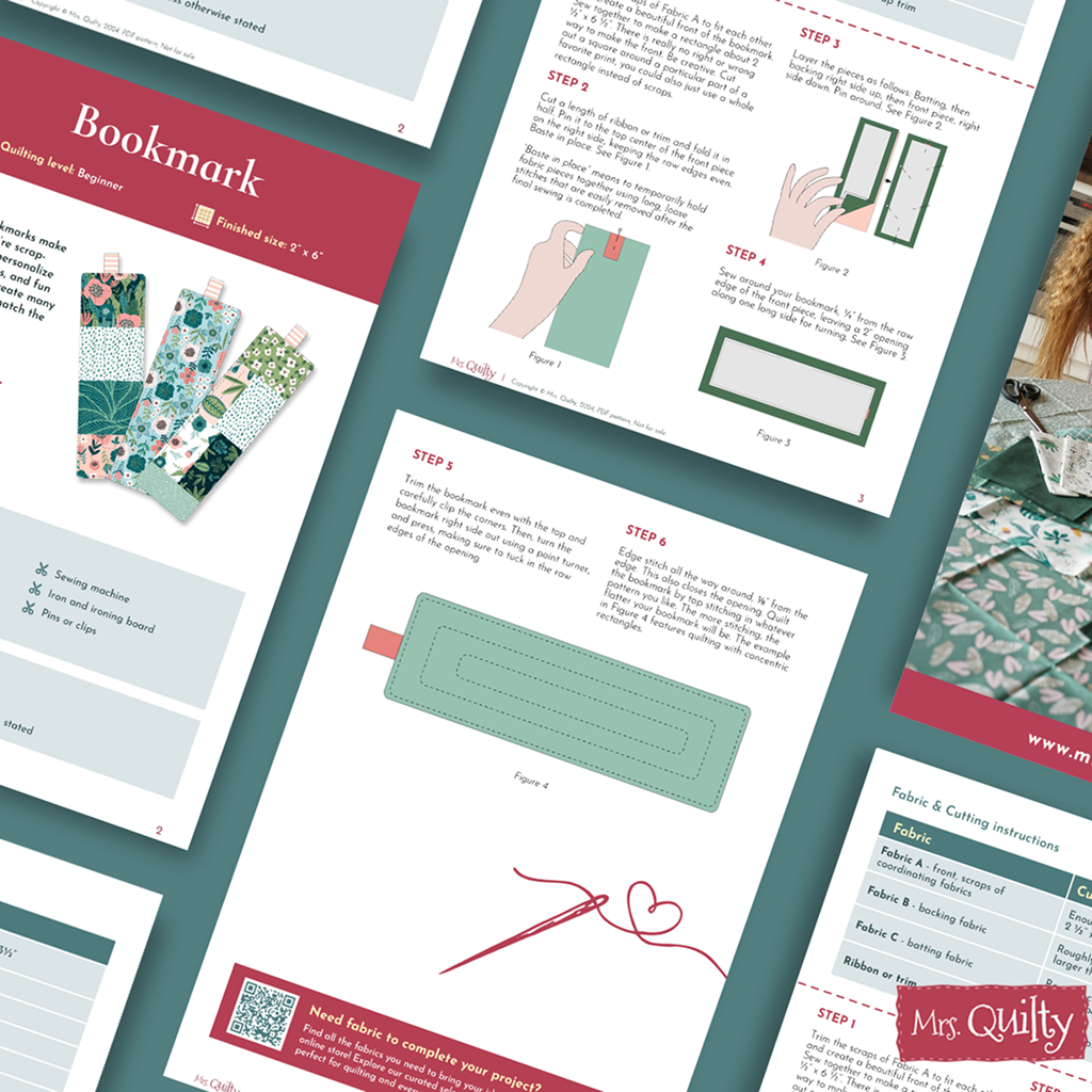 The Bookmark Downloadable PDF Quilt Pattern features step-by-step diagrams, clear instructions, and fabric swatch examples on a teal background—ideal for creating personalized quilted bookmarks or starting an instant download craft project.