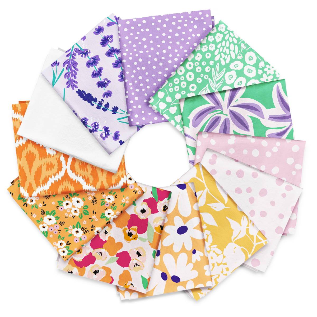 Twelve folded squares from the Sweet Meadow Mix - Fat Quarter Bundle form a circle, each featuring colorful floral, geometric, and abstract patterns in shades of orange, yellow, purple, green, and pink.
