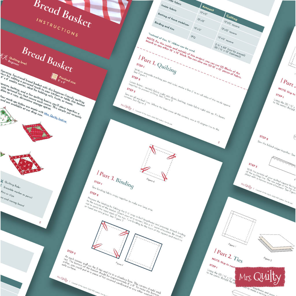 A flat lay of the Bread Basket Downloadable PDF Quilt Pattern, featuring beginner-friendly quilting instructions with step-by-step diagrams and a materials chart—ideal for sewing cozy, decorative storage.